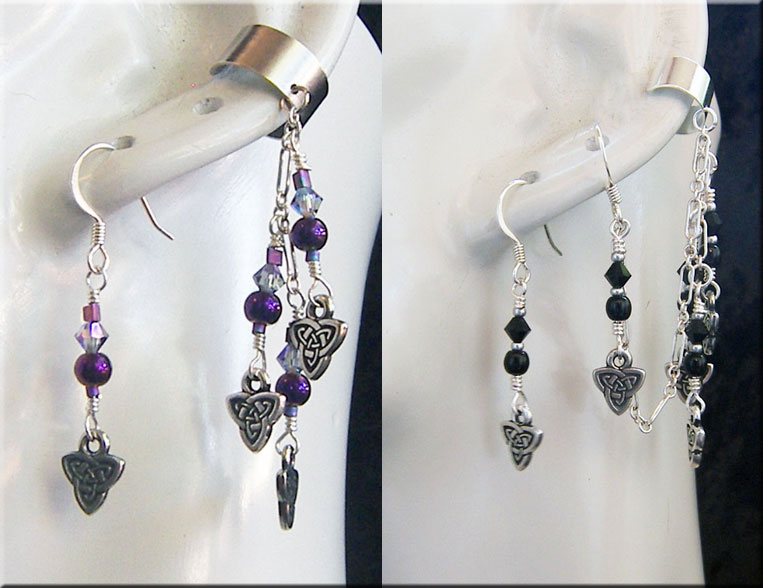 Celtic Purple Triangle ear cuff (left) customized with black beads (right) by KC Dragonfly