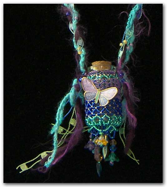 KC Dragonfly - Lavender and Blue Butterfly beaded bottle closeup