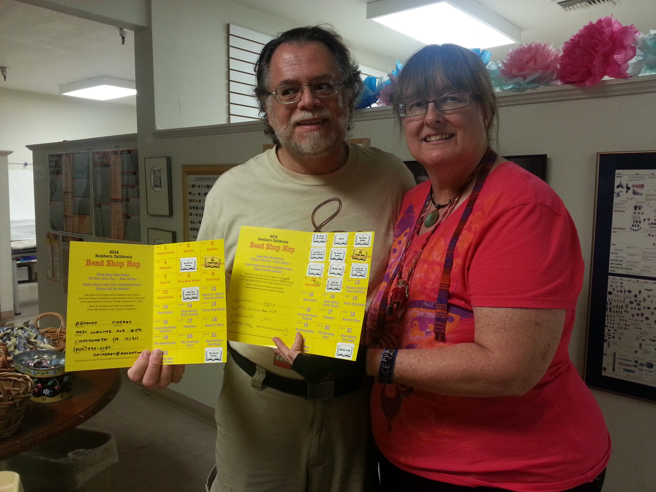 The husband and I with our finished Bead Shop Hop passports at San Gabriel Bead Company.